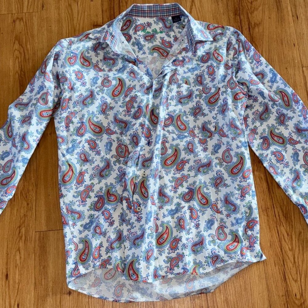 Alan Flusser Paisley Taupe White Cotton Long Sleeve Shirt Buttons Down M